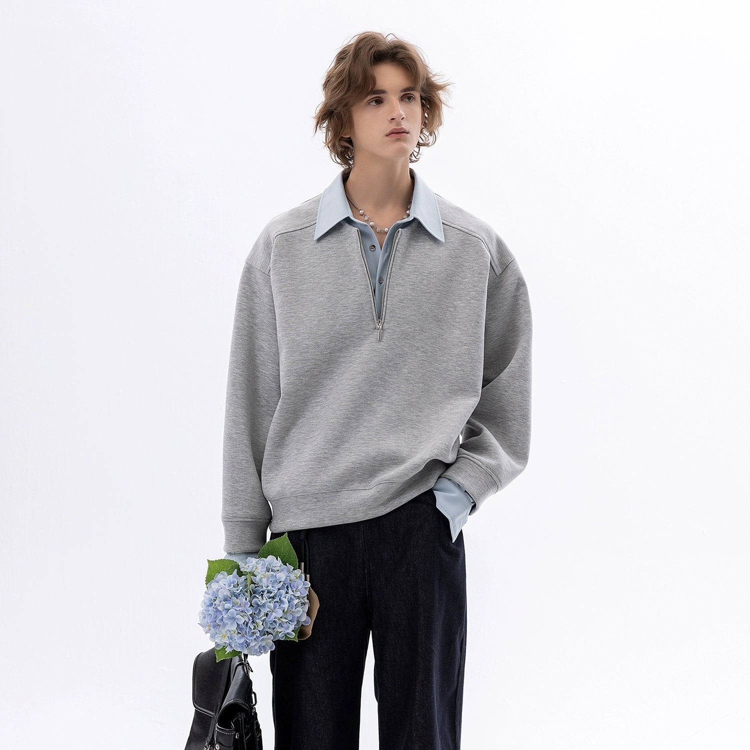 CHOR Fake Two-piece Color-matching Zipper Lapel Pullover Sweater