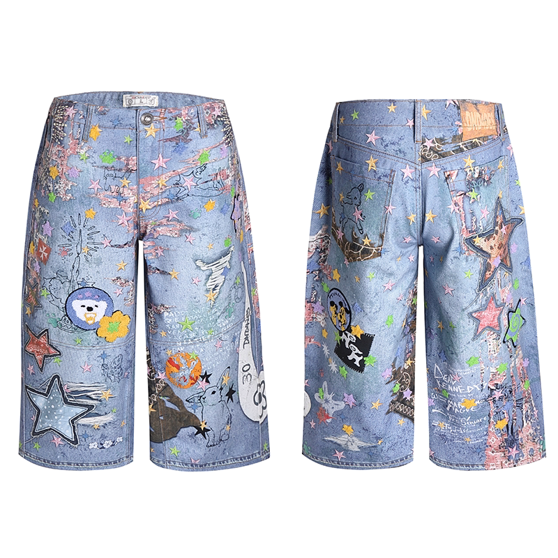 DND4DES Cartoon Print Breathable Relaxed Denim Shorts