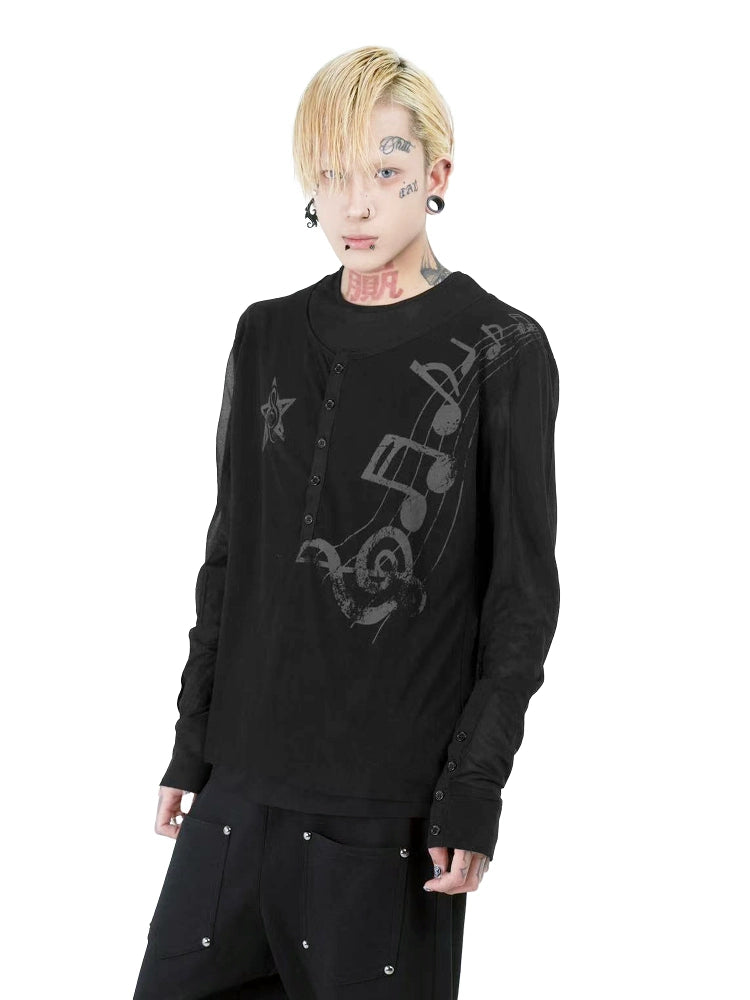 DETW Double-breasted Mesh Yarn Micro-transparent Slim-fit Long-sleeved T