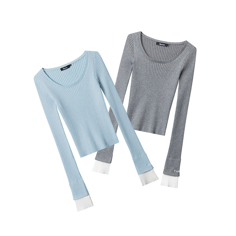 Nariele Striped Knitted Bottom Shirt Slim-Fit Long Sleeves