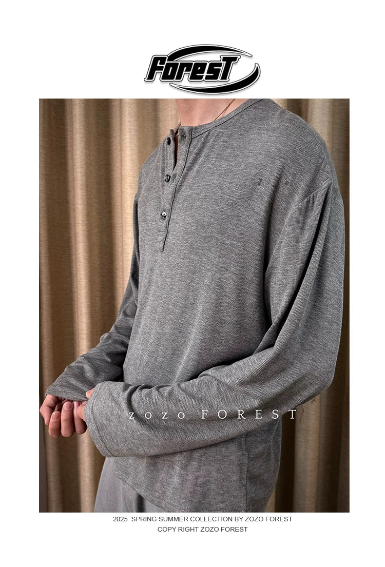 ZOZO FOREST Relaxed Button Soft Lightweight Henry Neck Long Sleeve Sweatshirt