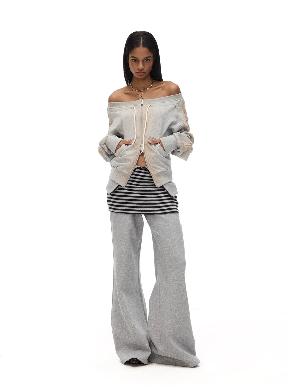 COSTUSTOOT Adjustable High-Waist Wide-Leg Stripe Sweatpants