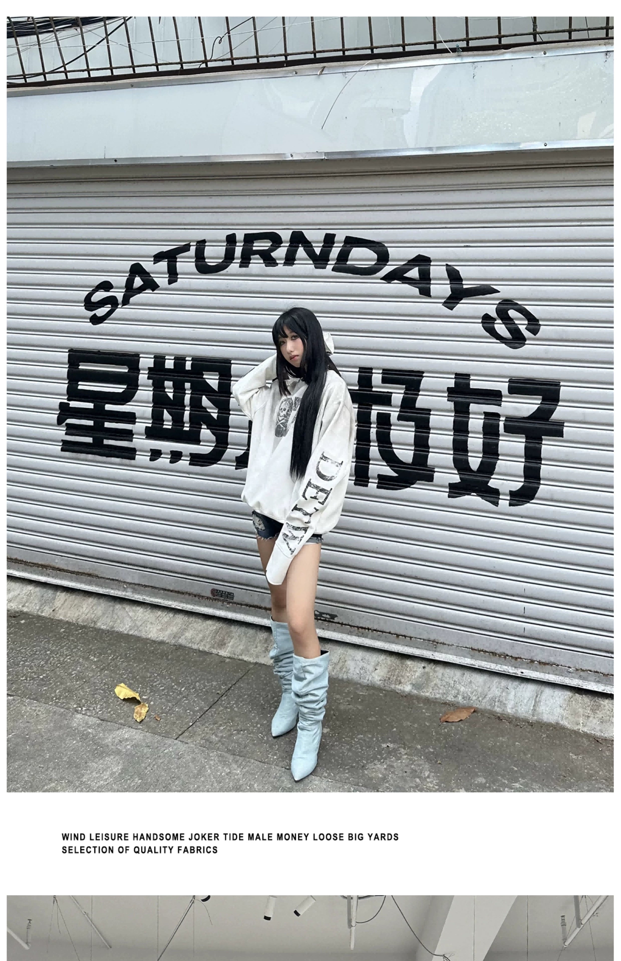 DETW 24AW spray dirty splicing breasted short wide boxy 350g round neck long sleeve pure cotton sweater