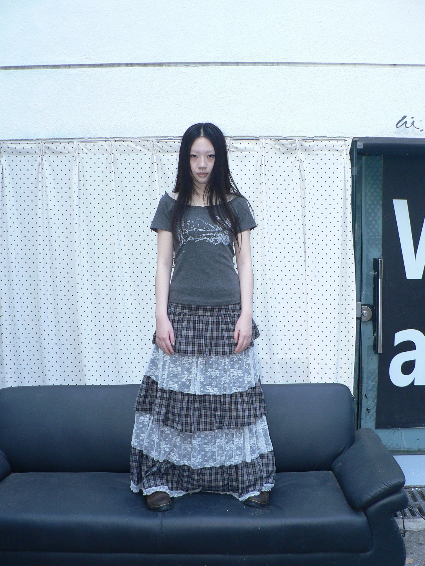 Ang:project Plaid Paneled Floral Mesh Maxi Skirt