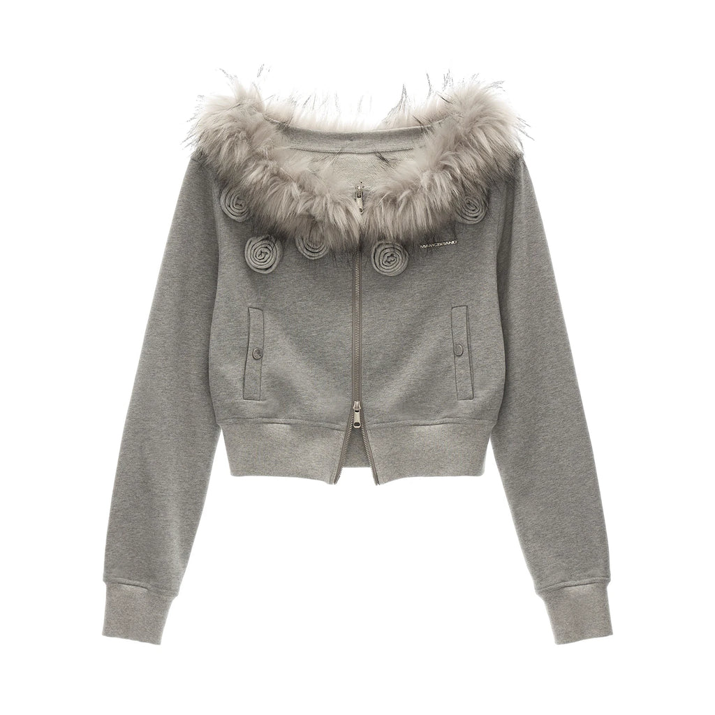 MAMC Off-Shoulder Detachable Fur Collar Floral Coat