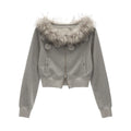 MAMC Off-Shoulder Detachable Fur Collar Floral Coat