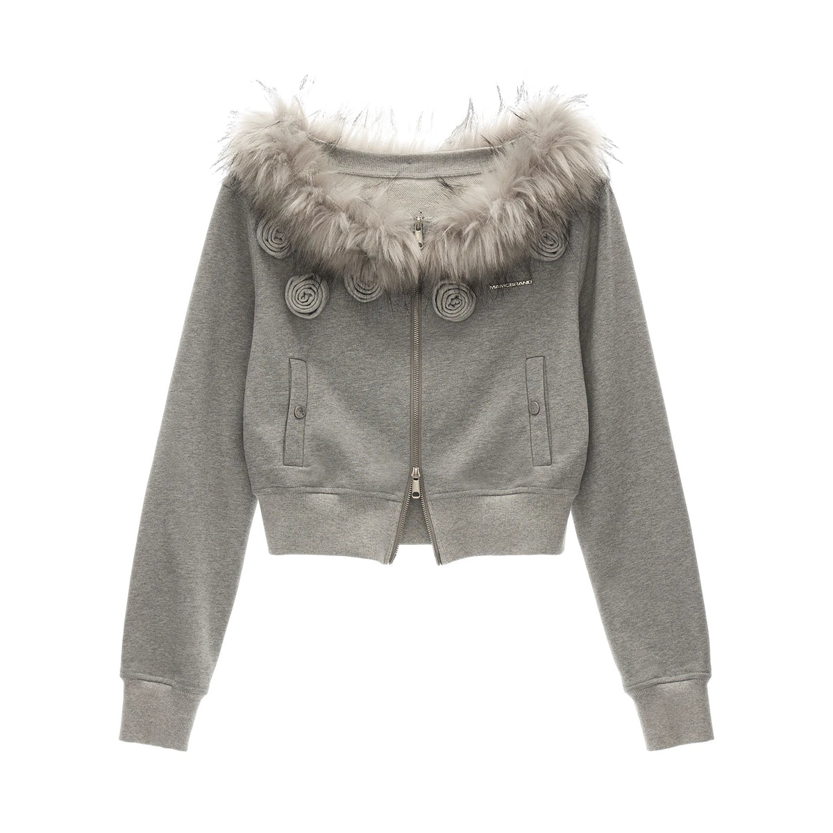 MAMC Off-Shoulder Detachable Fur Collar Floral Coat