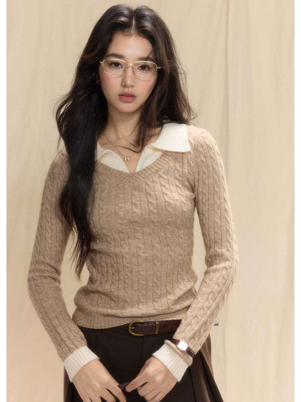 TYANG Contrasting Polo Collar Fake Two-piece Knitted Sweater