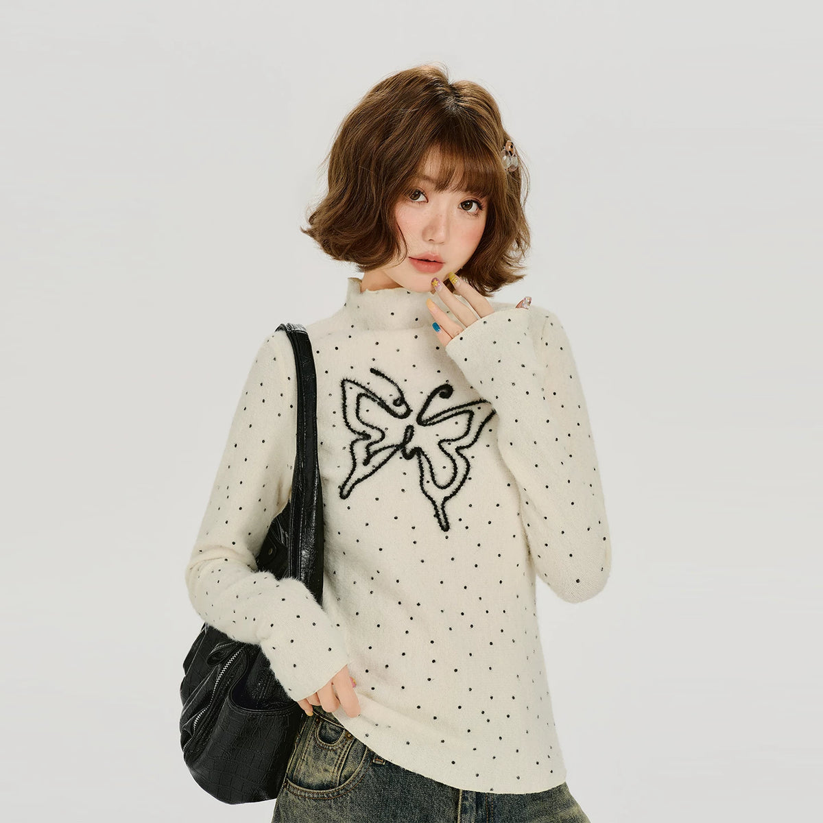 Girlyhalo Half-Turtleneck Embroidered Relaxed Knit Tee