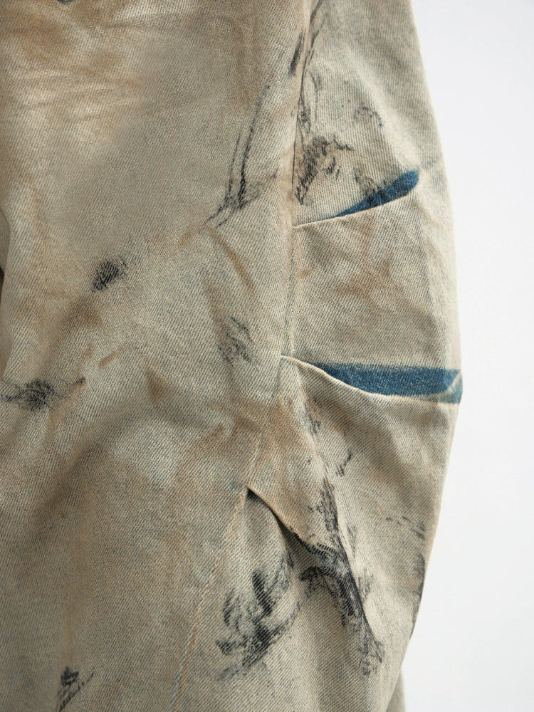 PEOPLESTYLE Yellow Mud Dyed Heavy Industry Dirty Wash Wide Leg Jeans