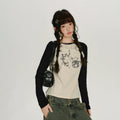 Girlyhalo American Retro Contrast Print Slim Fit Long-Sleeve Tee