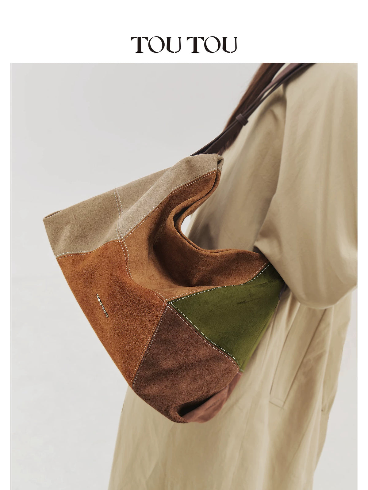 TOUTOU Caramel Suede Spliced Faux Leather Magnetic Snap Crossbody Bag
