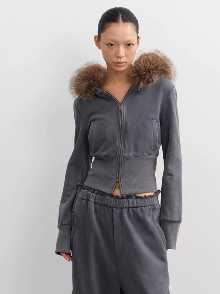 LINY LIBERTY Detachable Fur Collar Cropped Sweatshirt and Sweatpants Set