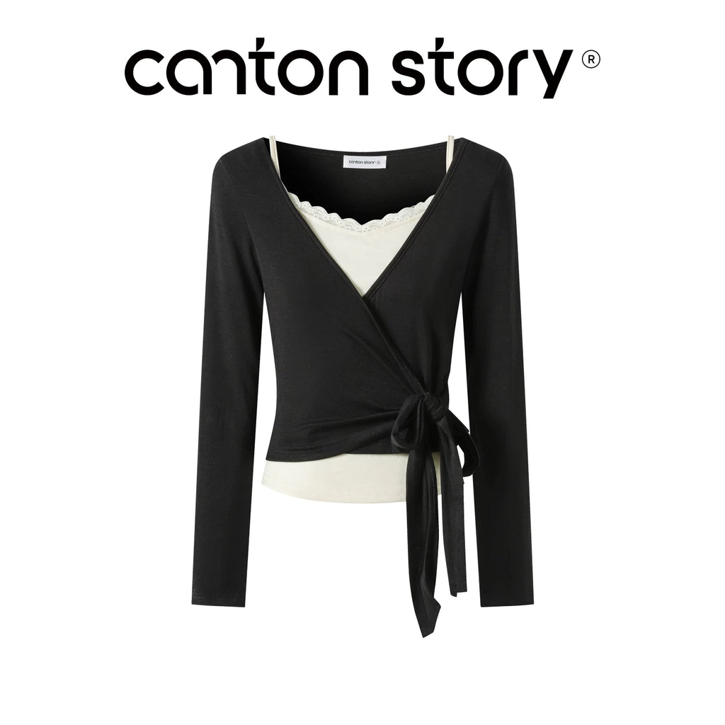 Cantonstory French V-Neck Lace Two-Piece Top Set