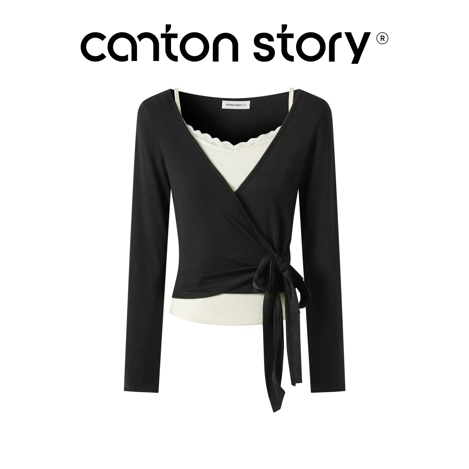 Cantonstory French V-Neck Lace Two-Piece Top Set