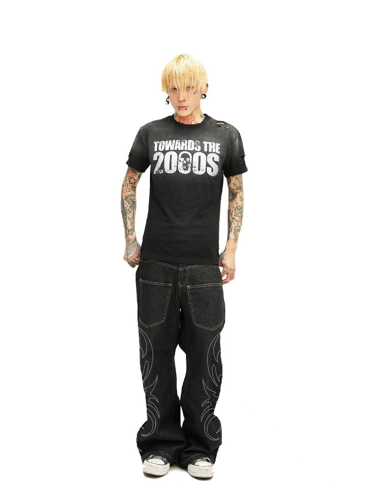 DETW 25ss * "Totem" original niche scimitar original cow snake pattern embroidery wide-footed commuter daily jeans