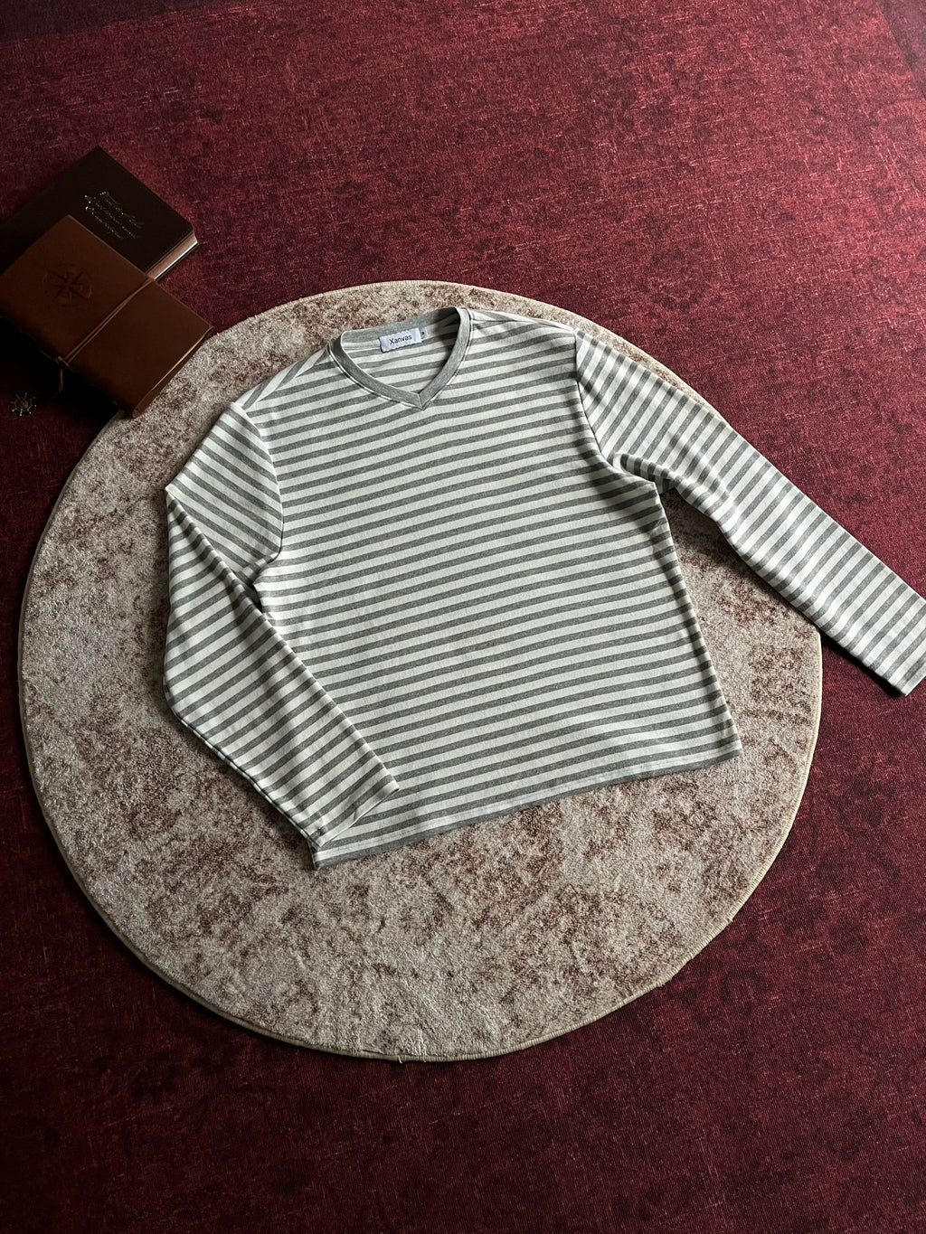 Xanvas Striped V-Neck Relaxed Long-Sleeve Tee