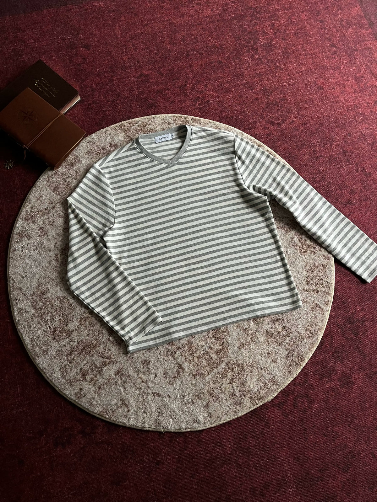 Xanvas Striped V-Neck Relaxed Long-Sleeve Tee