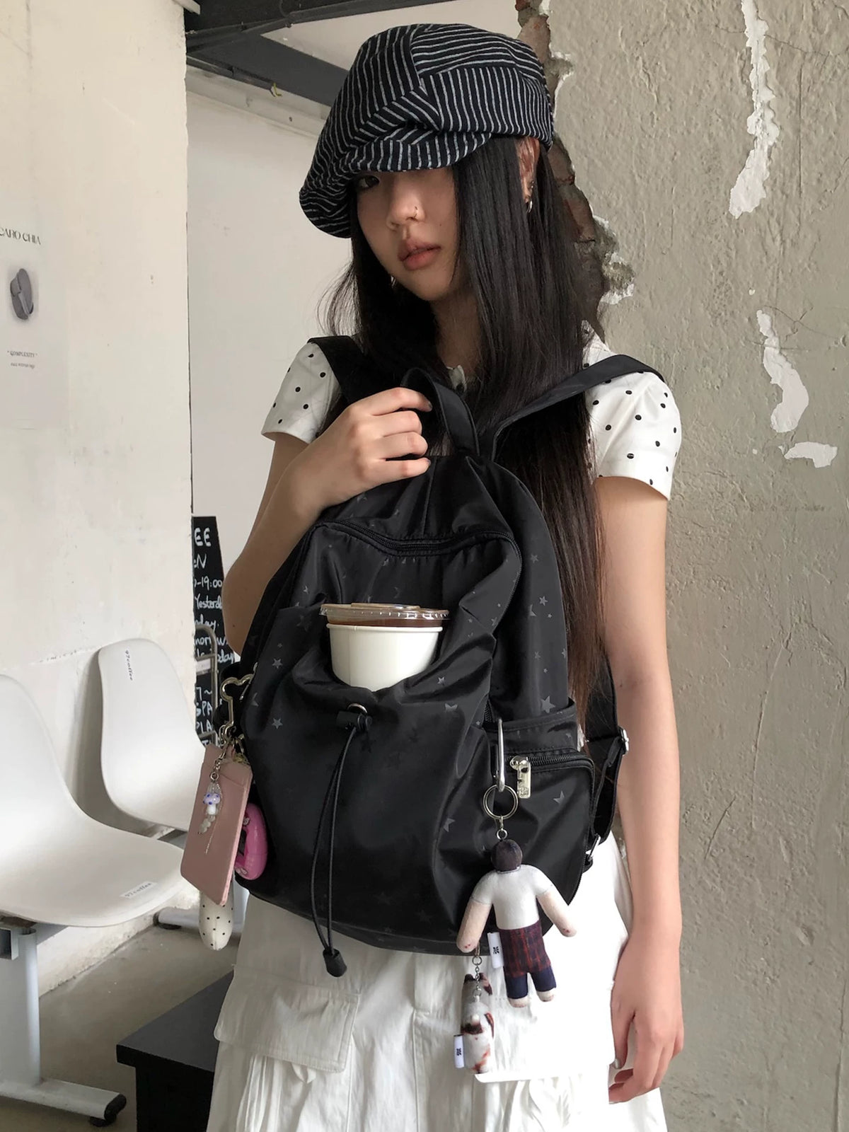 Unique blue Star Print Nylon Drawstring Backpack - Zip Top