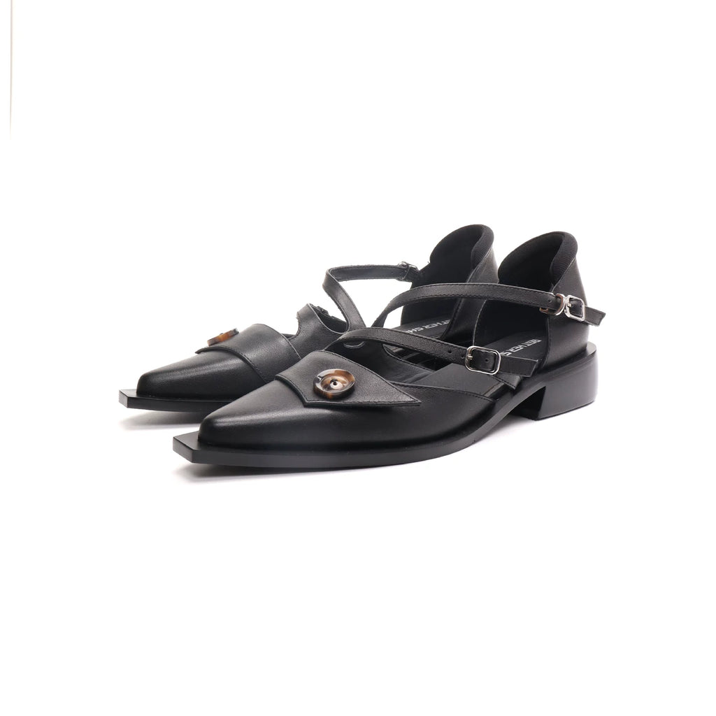 ASTHER Leather Pointed-Toe Button Mary Jane Low-Heel Flat