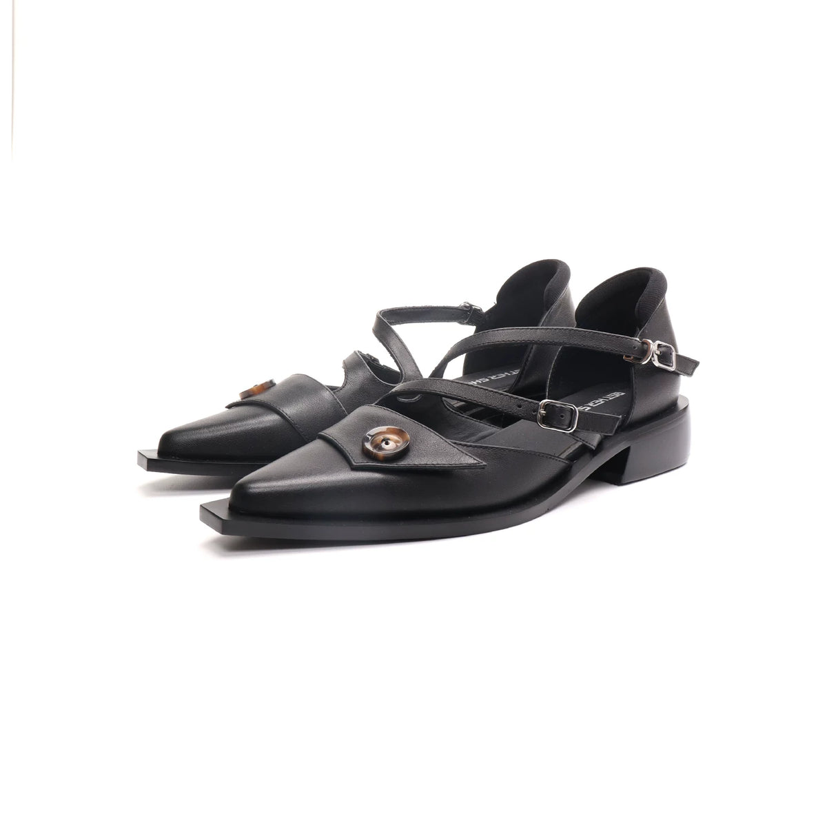 ASTHER Leather Pointed-Toe Button Mary Jane Low-Heel Flat