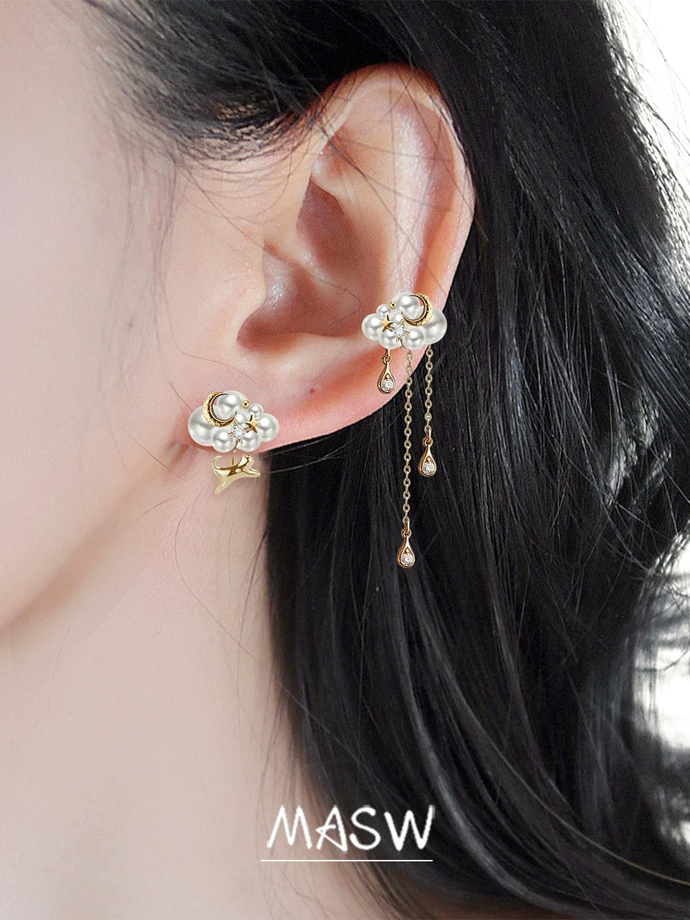 MASW Pearl Tassel Exquisite Star and Moon Cat Earrings