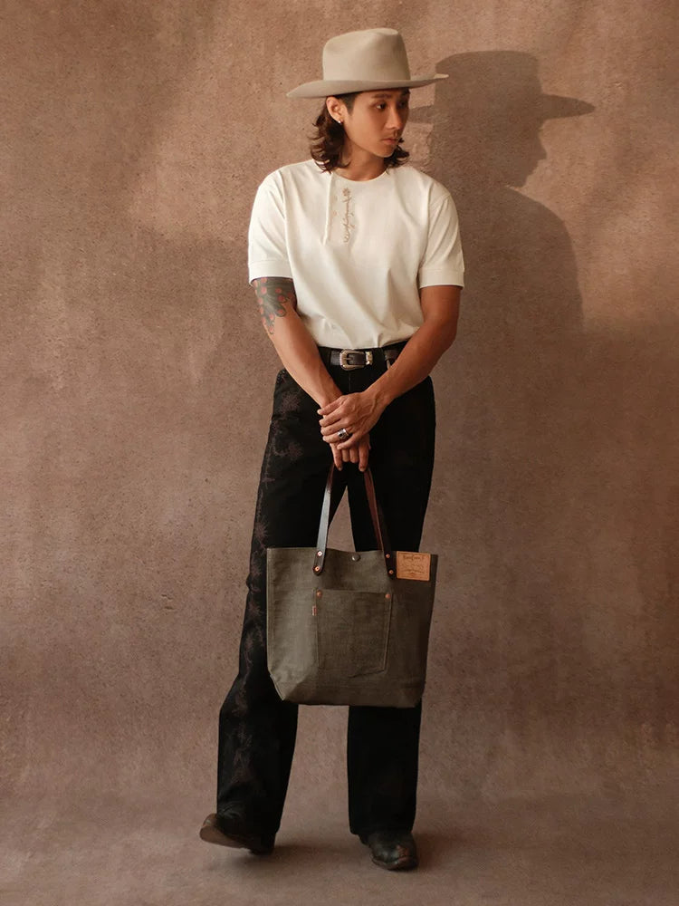 Mbbcar Khaki Green Selvedge Denim Leather-Trim Shoulder Bag