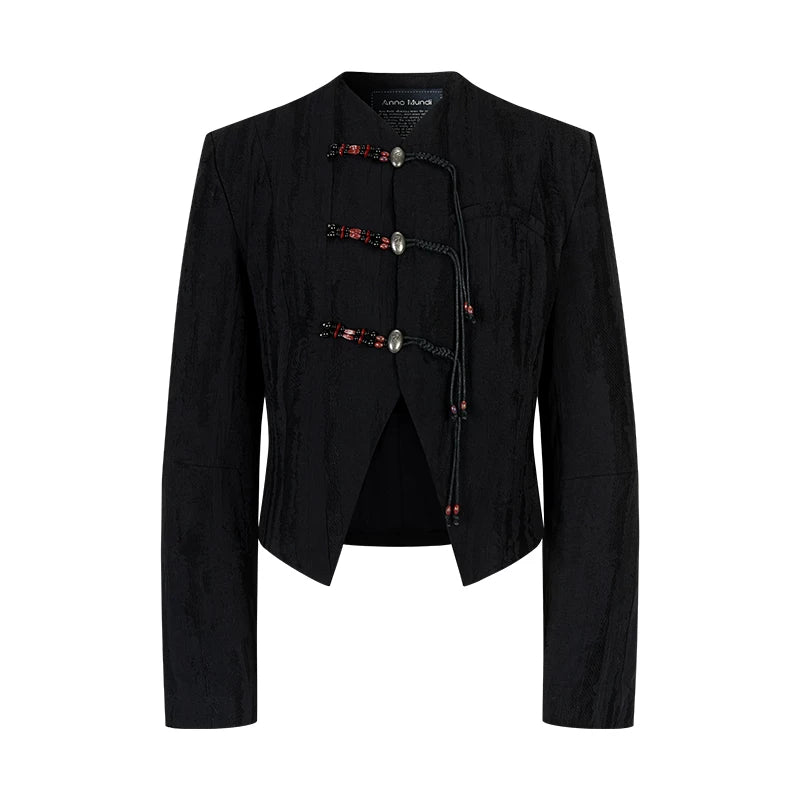 AnnoMundi Woven Bamboo Whispers Cropped Frog-Button Blazer