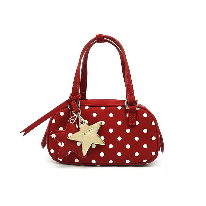 VFVF Brown Polka Dot Faux Leather Zip-Top Boston Bag
