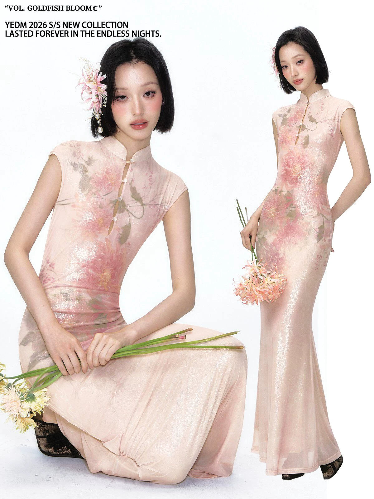 YEDM Bright Silk Print Slim Fit Cheongsam Dress