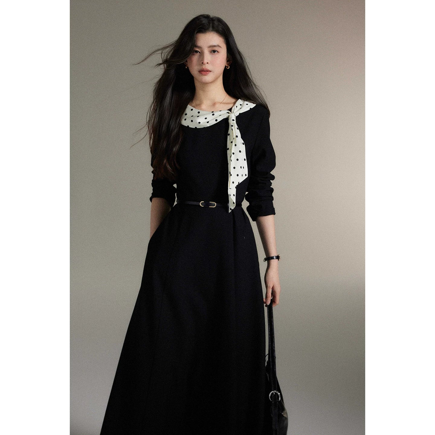 TYANG Temperament Polka Dot Streamer Collar Dress