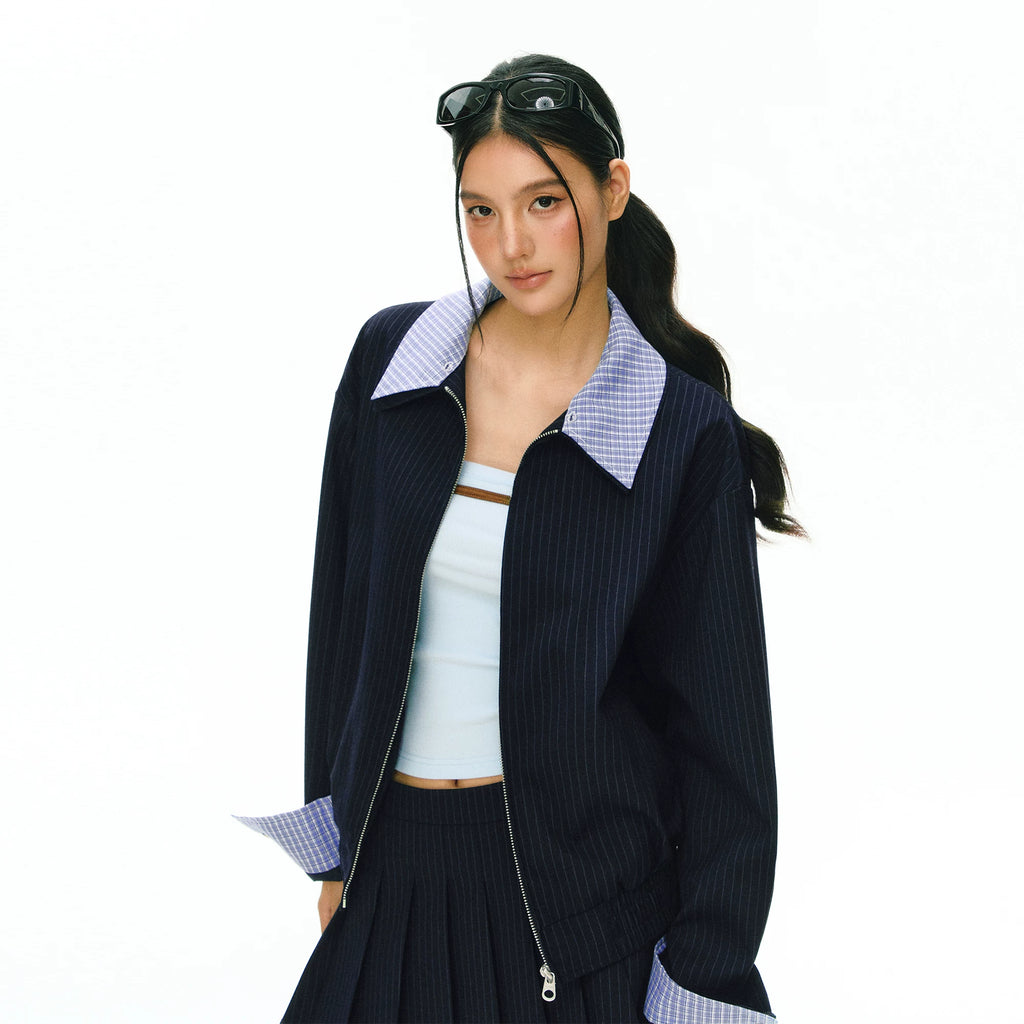 ARISEISM Striped Cropped Two-Piece Jacket Skirt Set