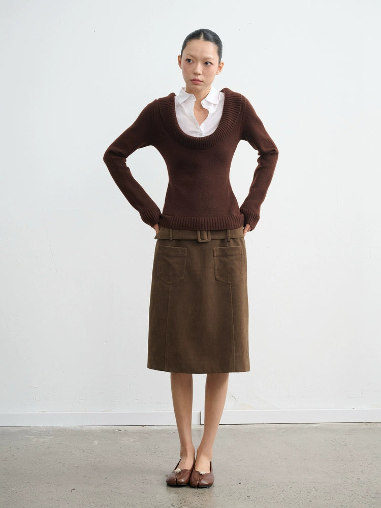 LINY LIBERTY Deep U-neck Fake Two-piece Slim-fit Knitted Sweater (Clearance)