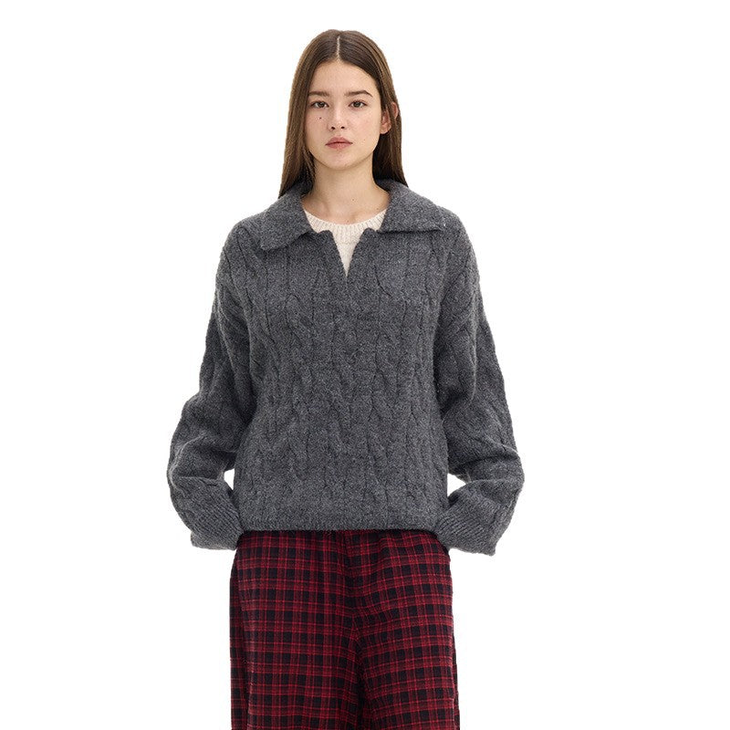UNF Heavyweight Boxy Anti-Static Cable-Knit Polo Sweater