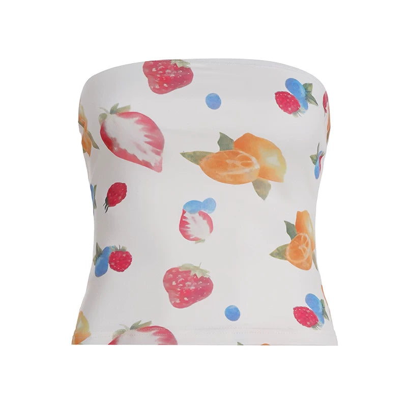 FUNOFF Vintage Floral Print Dew Collarbone Waist Tube Top