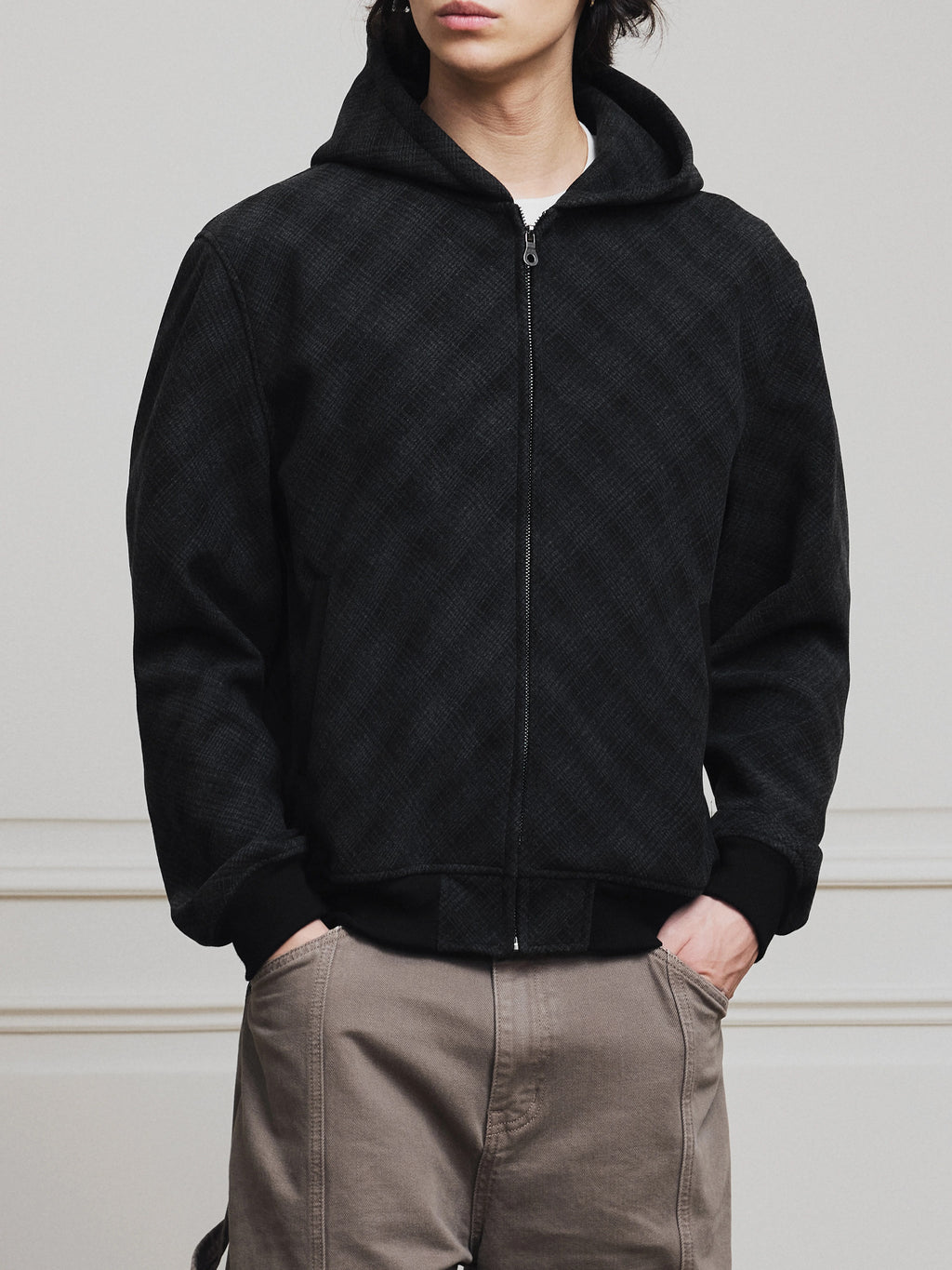 Stay the Night Diamond Plaid Zip-Up Hooded Sweatshirt