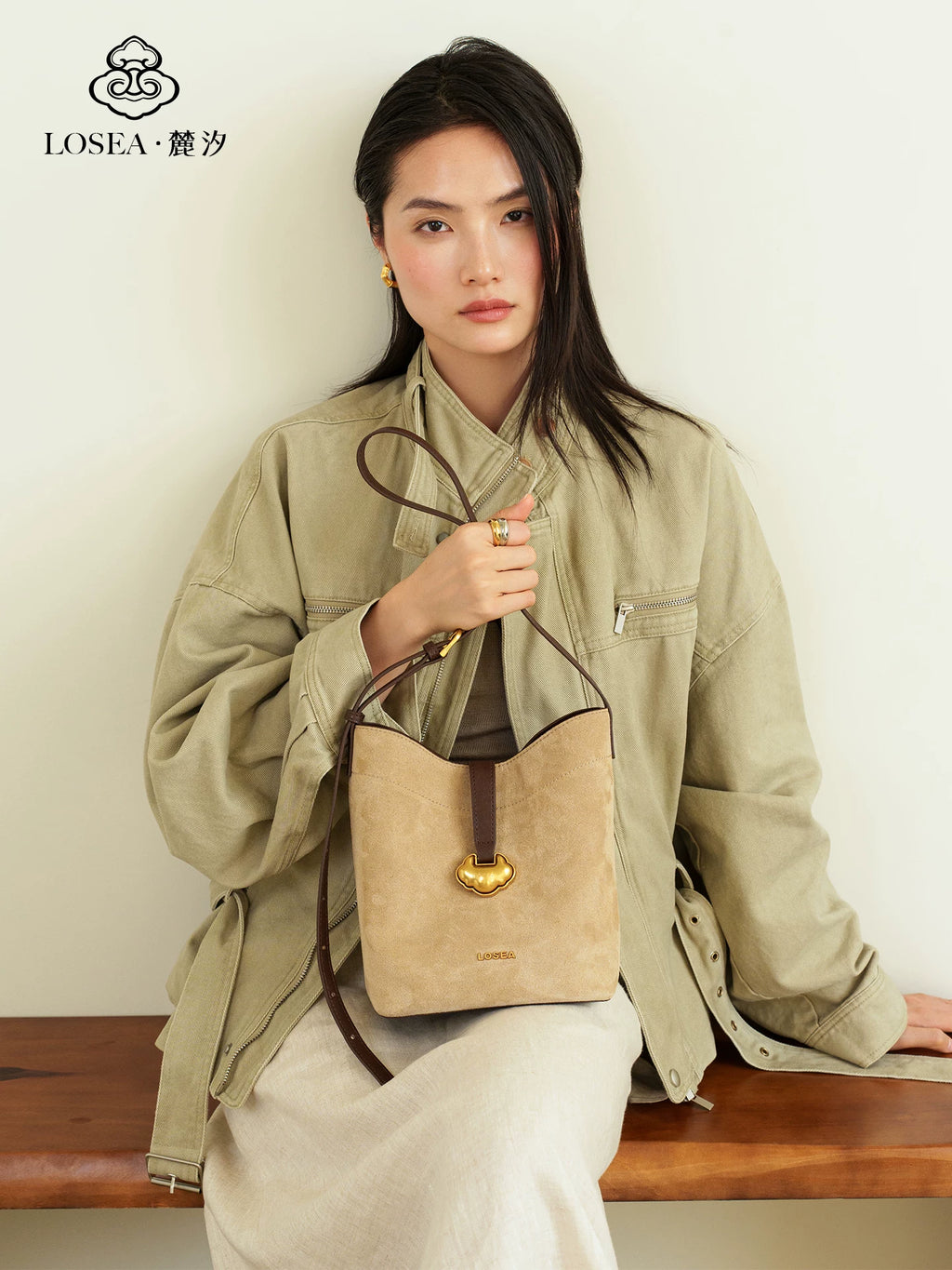 LOSEA Leather Velvet Splicing Bucket Bag
