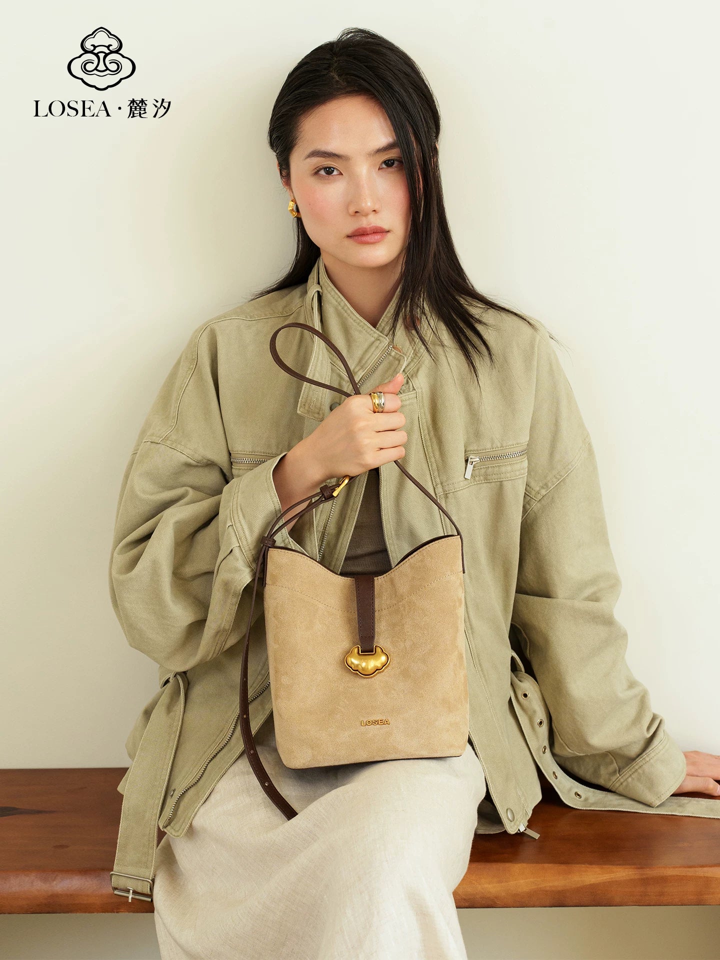 LOSEA Leather Velvet Splicing Bucket Bag
