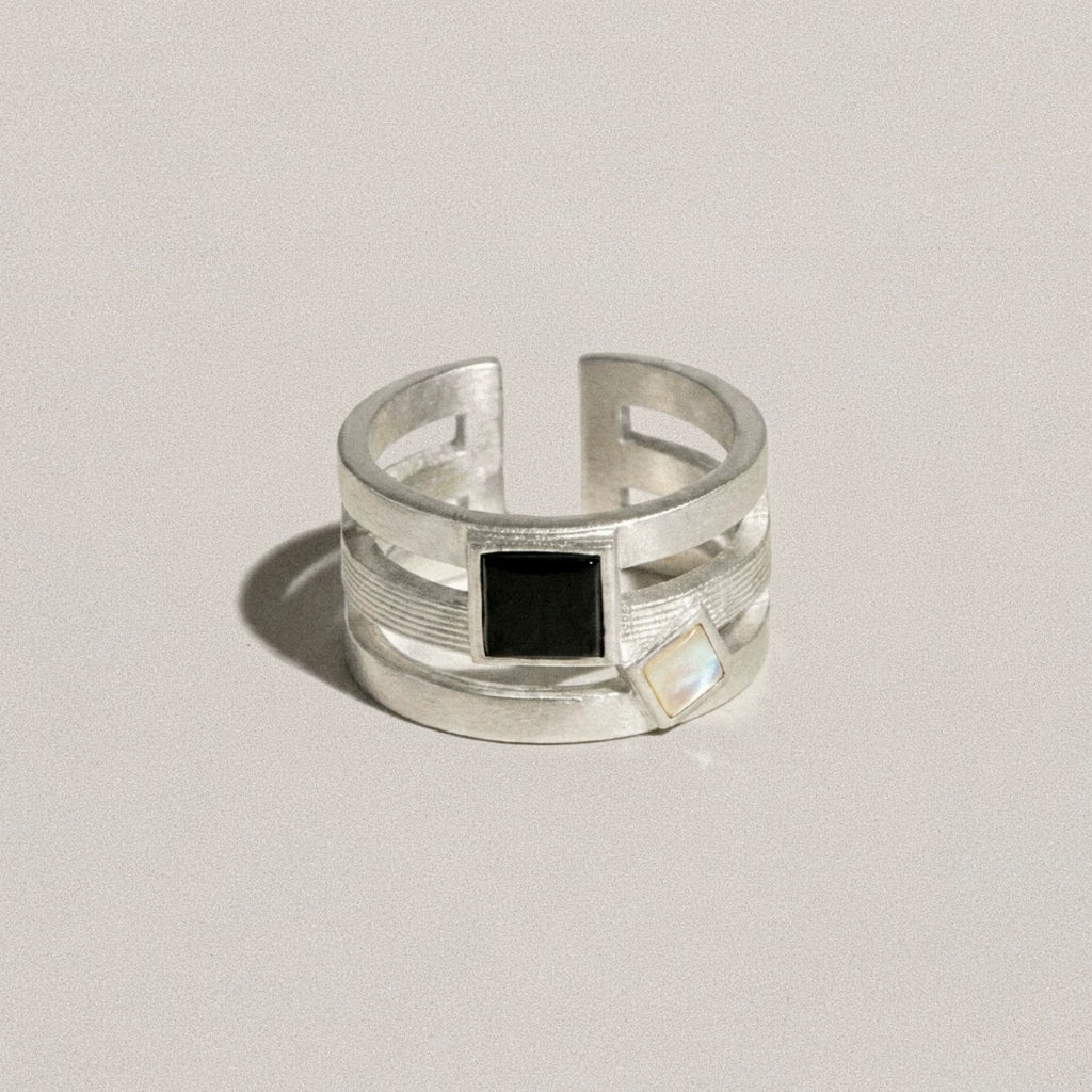 MEZZEM Sterling Silver Square-Cut Mother-of-Pearl & Black Onyx Open-End Ring