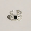 MEZZEM Sterling Silver Square-Cut Mother-of-Pearl & Black Onyx Open-End Ring