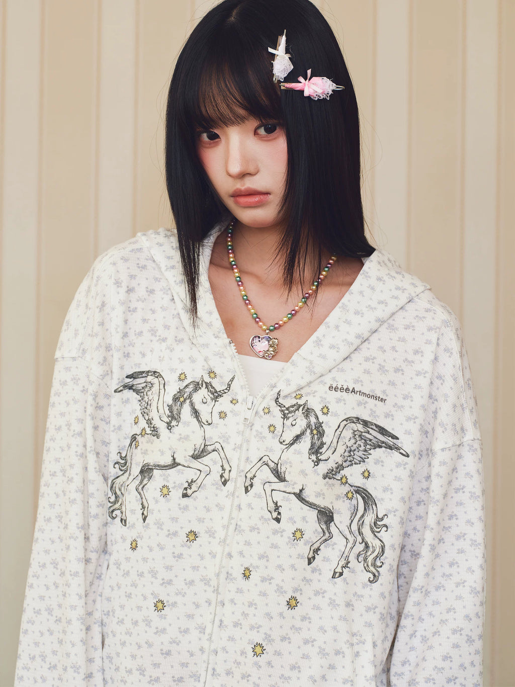 eeeeArtmonster Whimsical Floral Stars Hooded Cardigan