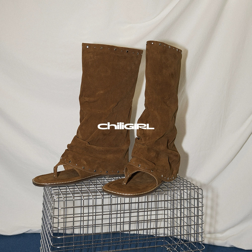CHILIGIRL Mezzanine Vintage Suede Pleated Pile Pants Tube Boots