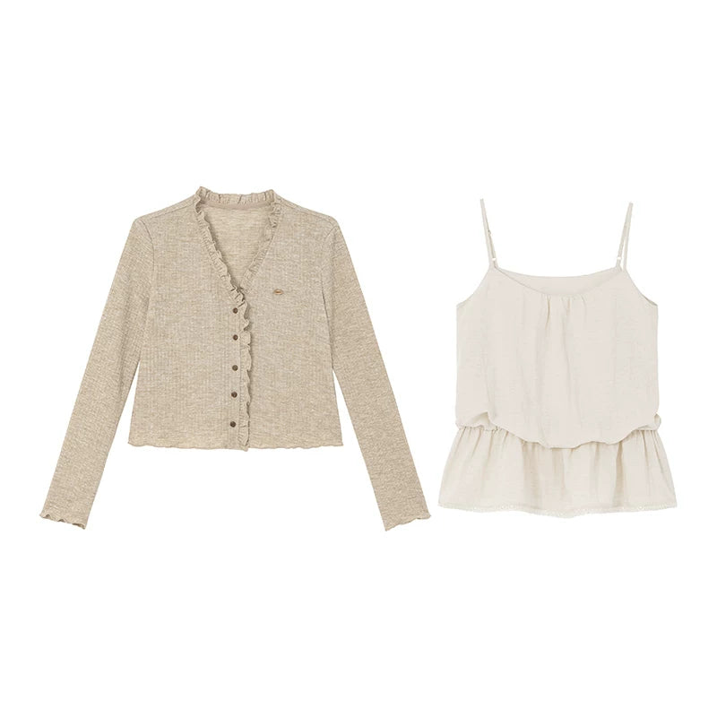 KANO Ruffle Trim Long-Sleeve Cardigan Cami Two-Piece Set