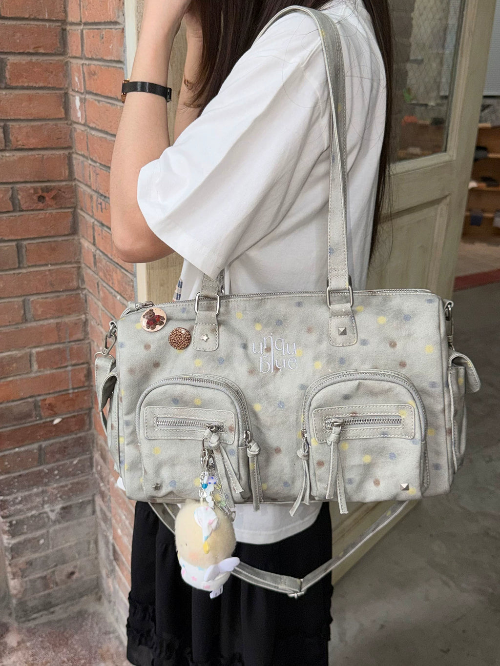 Unique blue Polka Dot Nylon Zip-Top Shoulder Bag