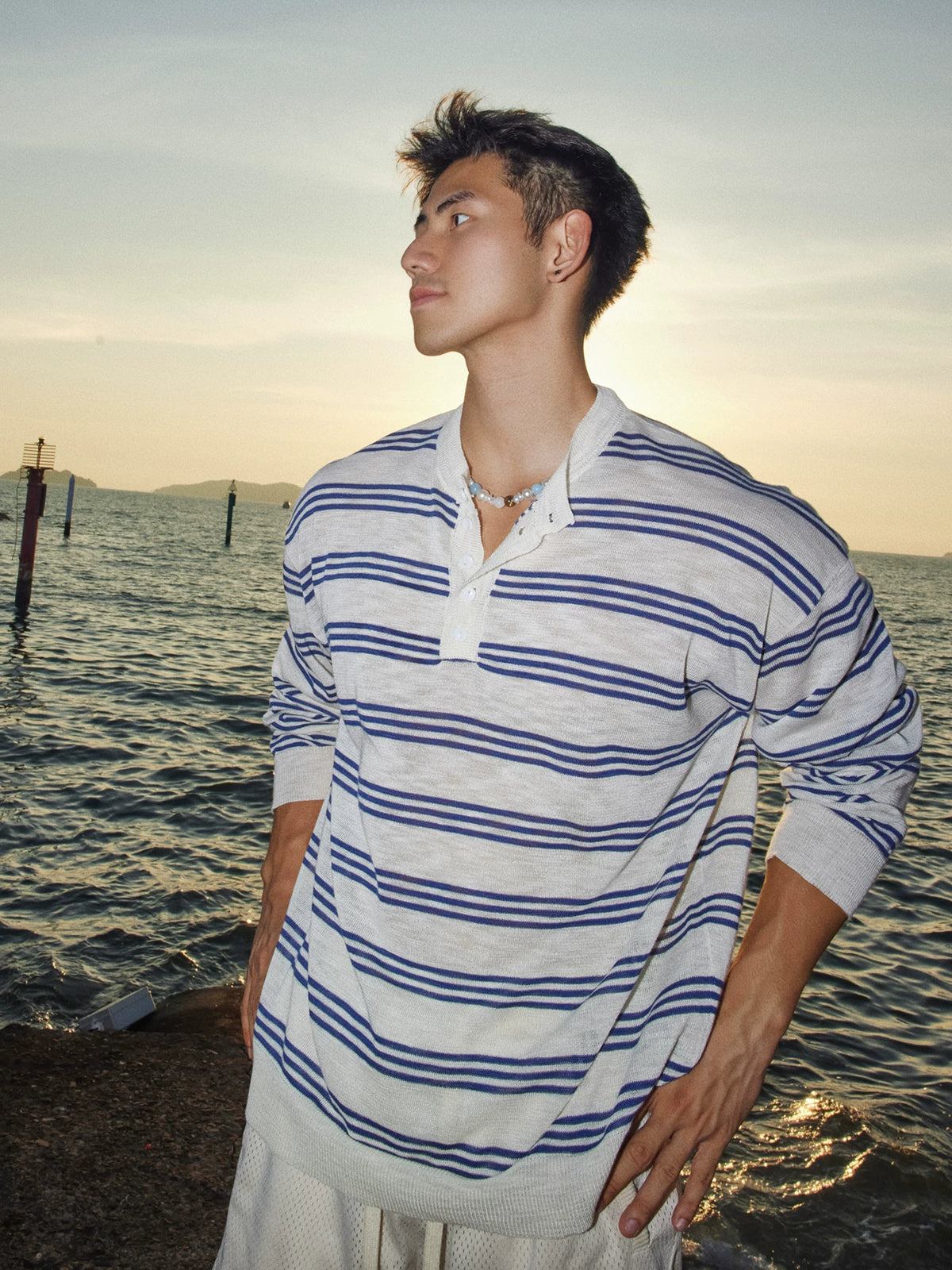 PAPASLILMONSTER Island Stripe Breathable Relaxed Long-Sleeve Tee