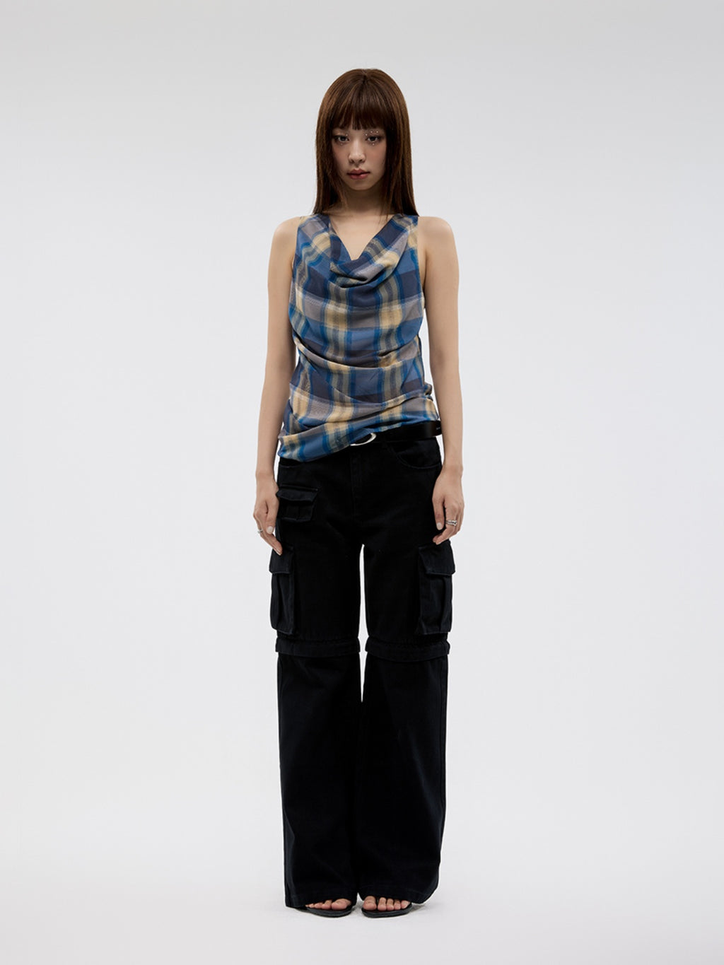 FUNKYFUN Vintage Plaid Pleated Sleeveless Vest