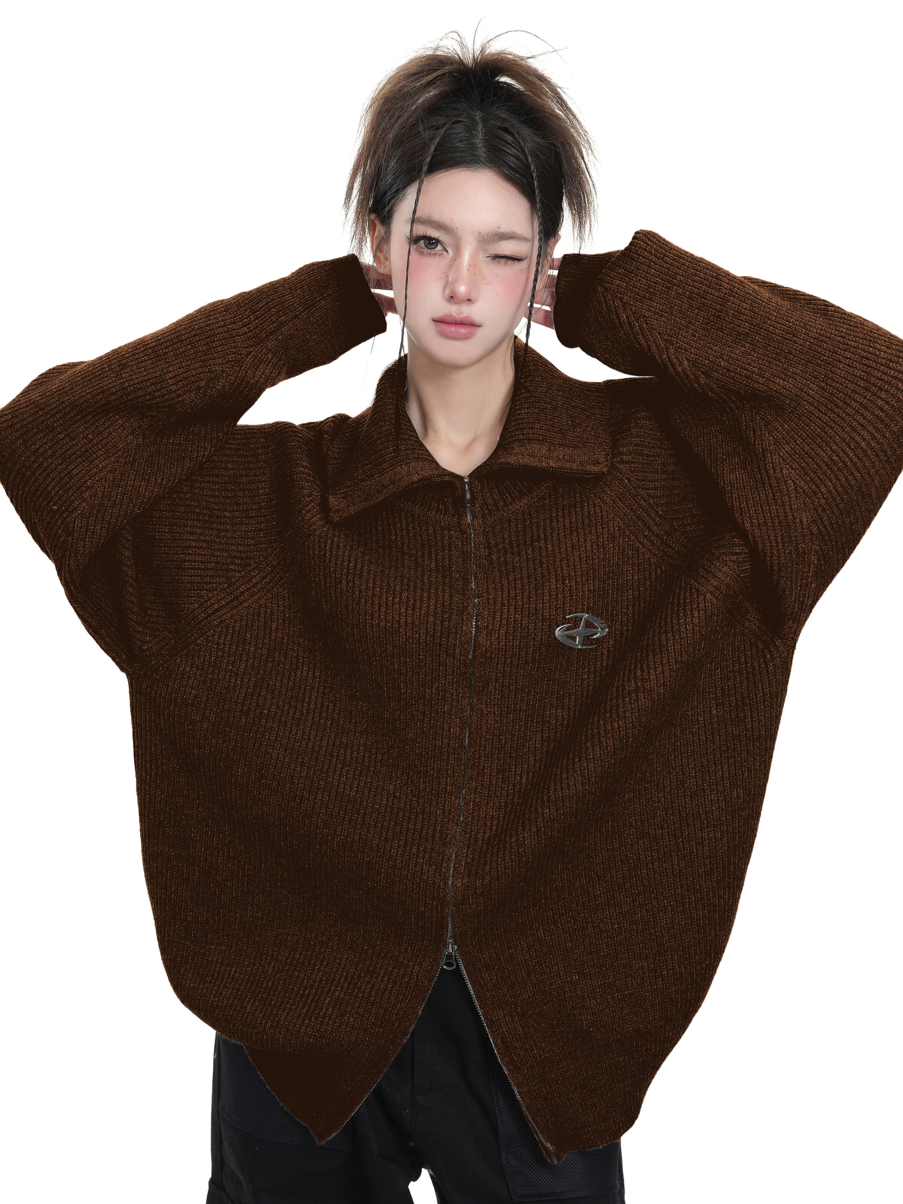 KDASE Double Zipper Stand-up Neck Sweater Jacket