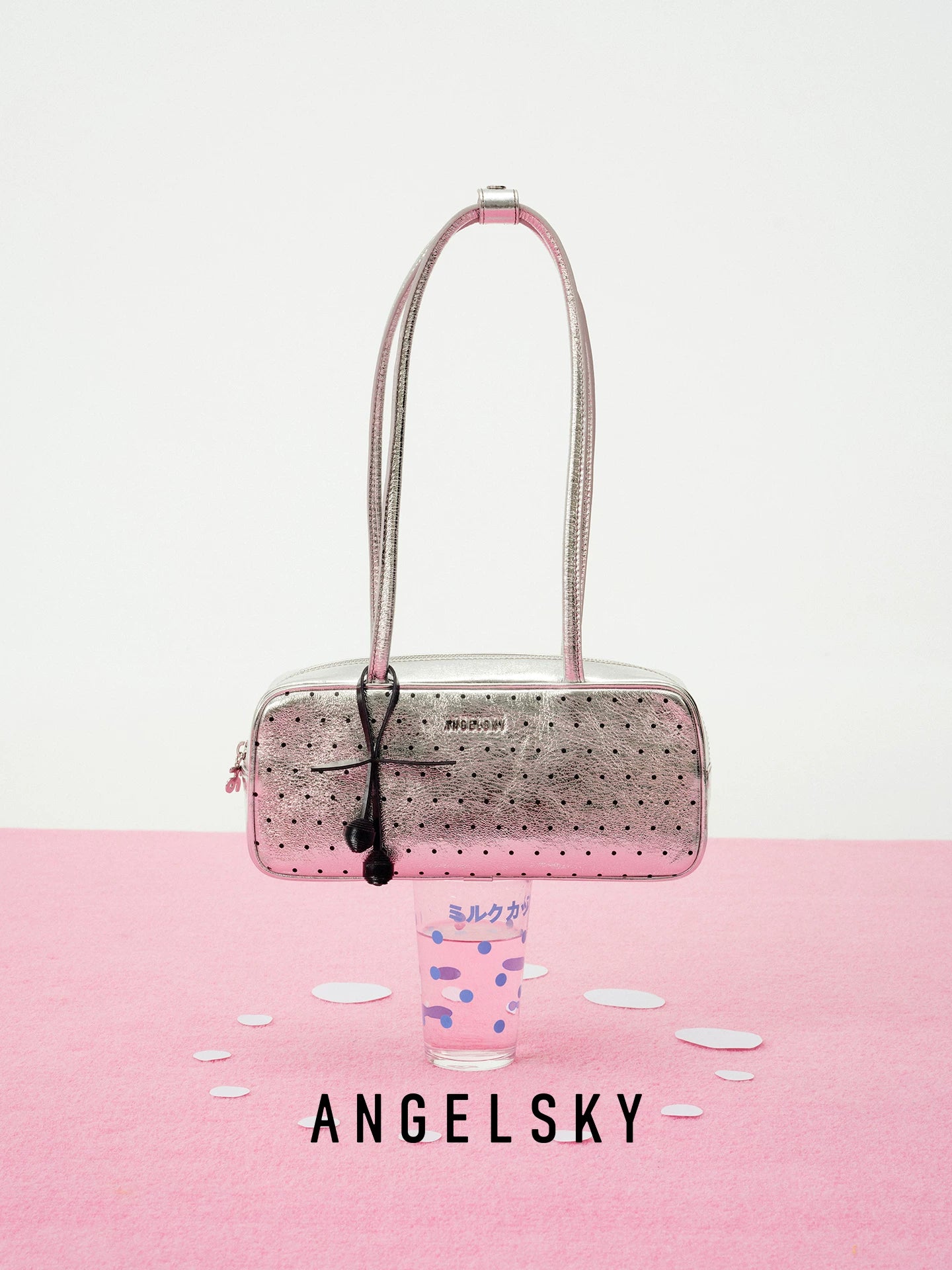 ANGELSKY Silver Polka Dot Leather Zip Underarm Bag