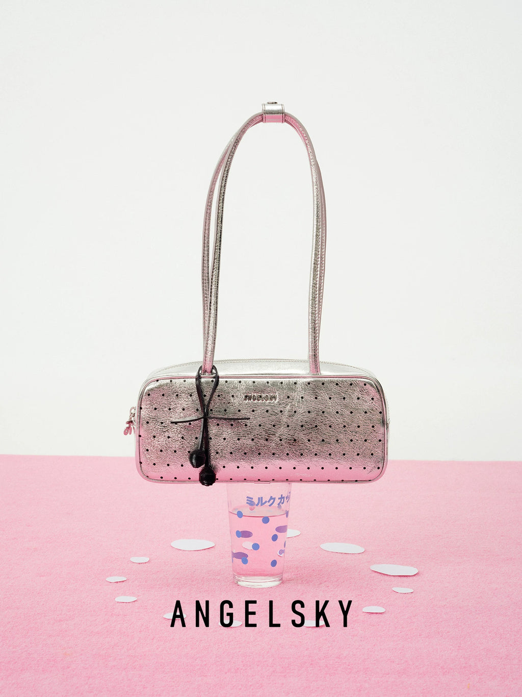 ANGELSKY Silver Polka Dot Leather Underarm Bag - Zip Top