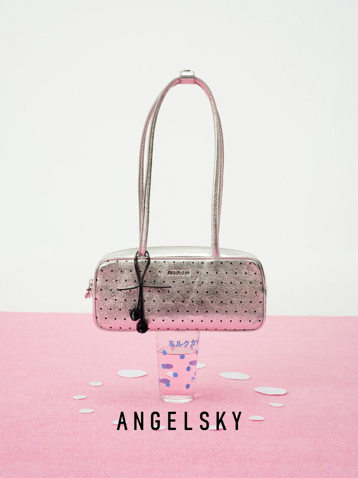 ANGELSKY Silver Polka Dot Leather Underarm Bag - Zip Top